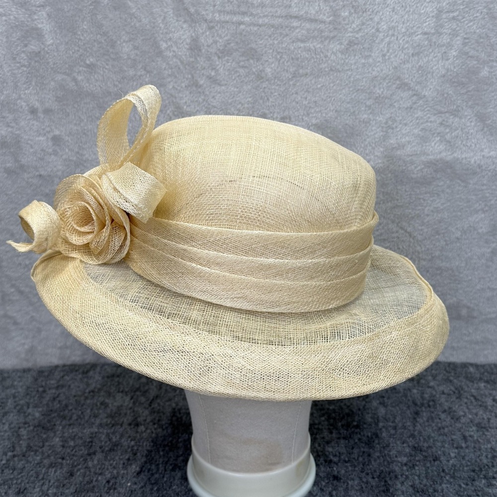 VTG Hat Sun Womens Cream Burlap Pleated Bow Wide Brim Derby Church Wedding - Picture 2 of 8